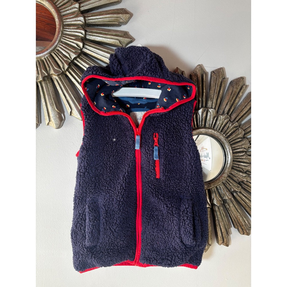 Mini Boden Kids Navy‎ Blue Sherpa Fleece Hooded Vest Floral Lining Size 7-8Y
